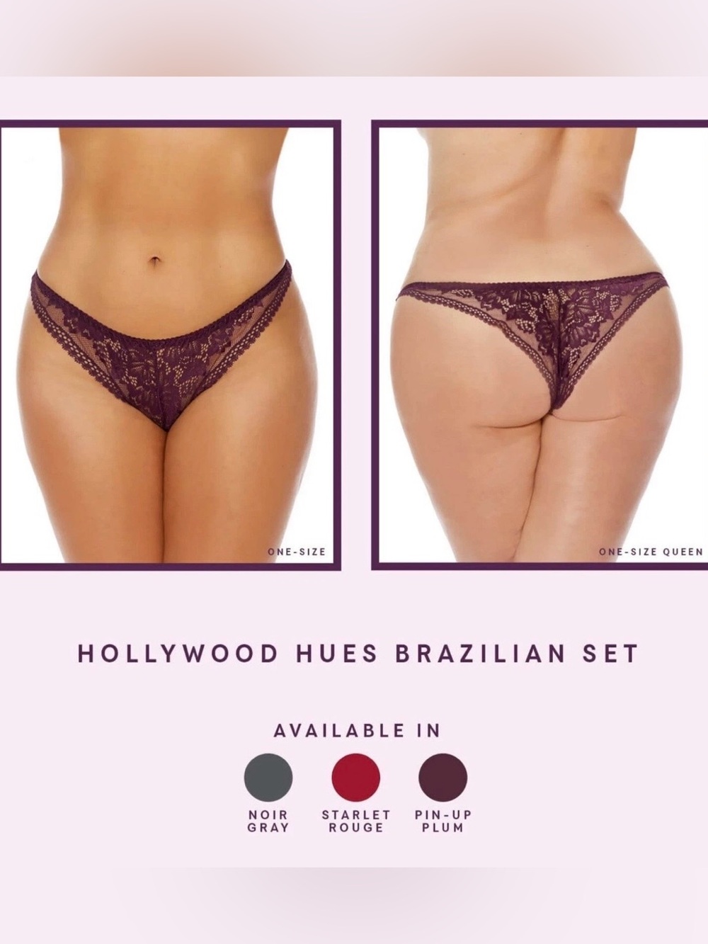 Pure Romance Hollywood Hues Gray Rouge Plum Brazilian Tanga 3 Pack Panties OS